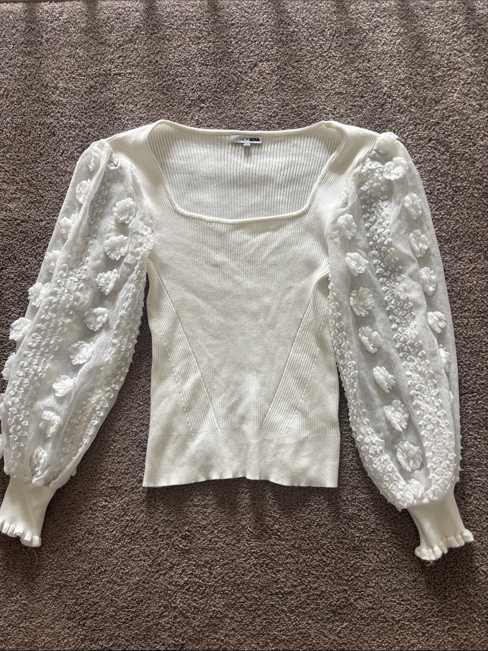 Fashion Nova White Puff-Sleeve Knit Top - Square Neck